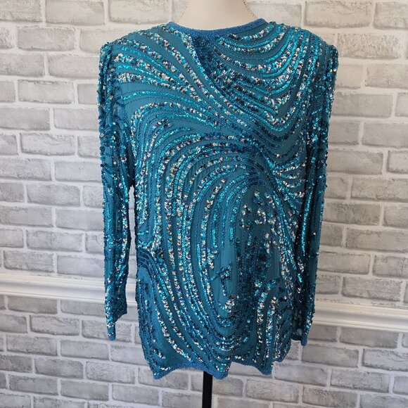 Vintage 80s Oleg Cassini Beaded Sequined Silk Blouse Teal Blue Glam Party - Picture 10 of 11